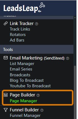 LeadsLeap left navigation with Page Builder and Page Manager outlined