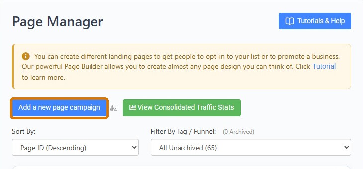 Page Manager showing the Add a new page campaign button outlined