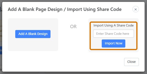 Import Using A Share Code window with the entry field and Import Now button outlined
