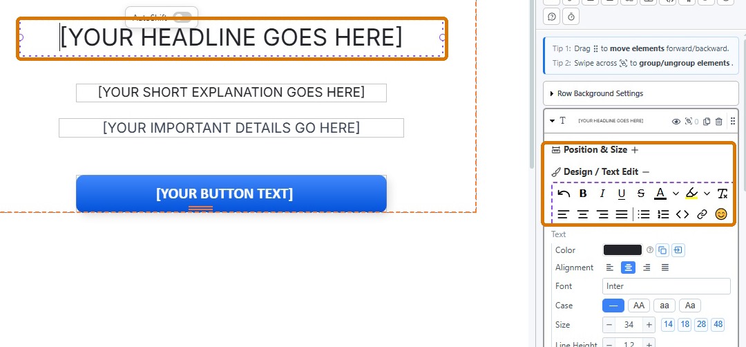 Starter page headline selected and text editing controls visible on the right