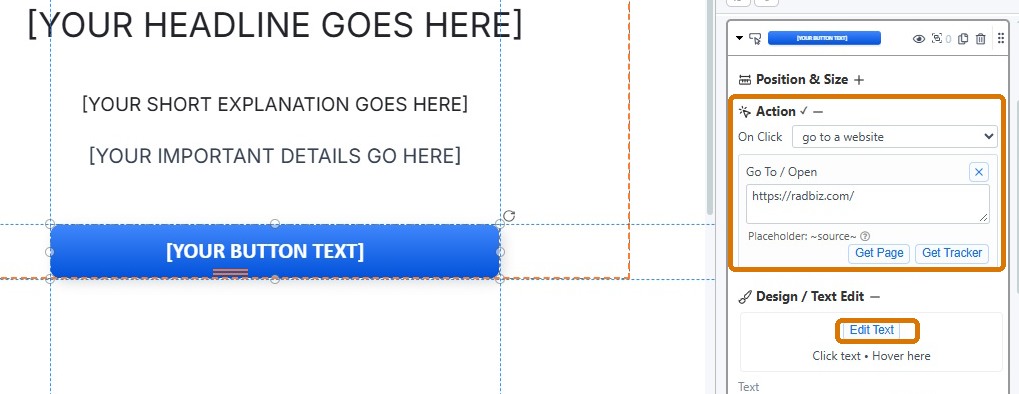 Blue button selected with Action On Click, Go To Open URL, and Edit Text controls highlighted