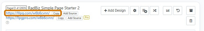 Page Manager with the first llpg.com published web address and Copy button outlined